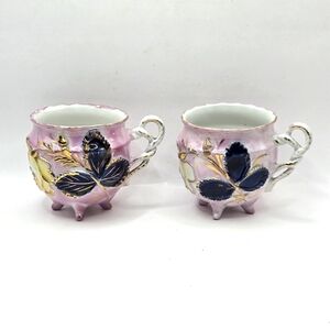 Pair Antq Lusterware Teacup German Porcelain High Relief Floral Design 4-Footed